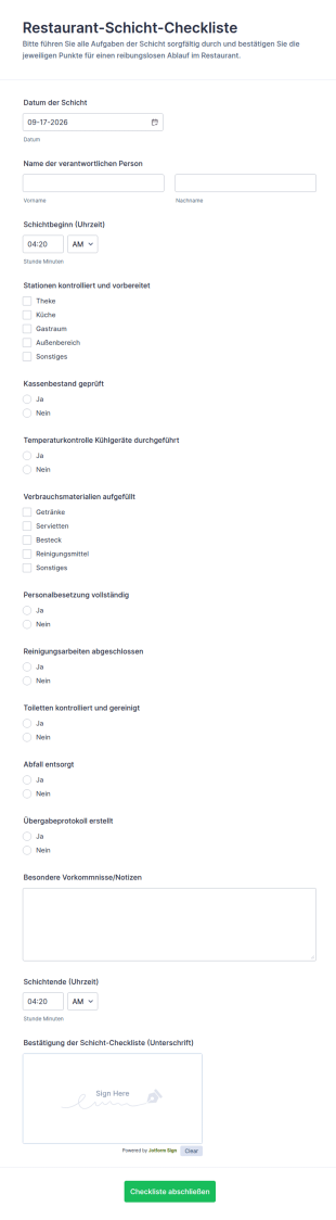 Schicht Checkliste Für Das Restaurant