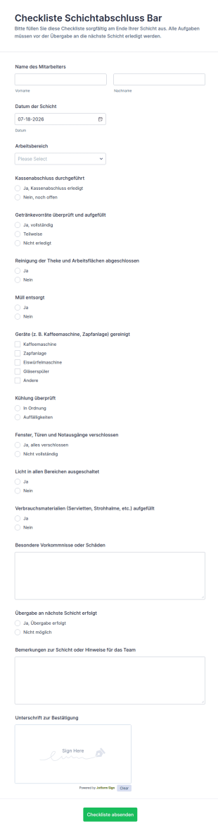 Schichtabschluss Checkliste Für Barpersonal