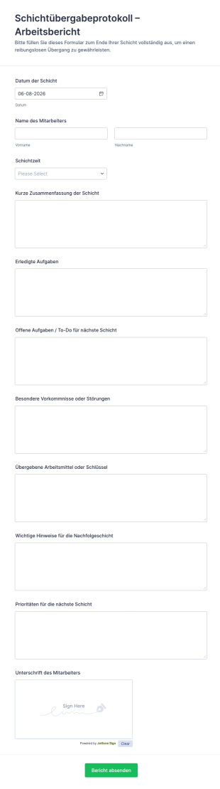 Schichtende Bericht Formular