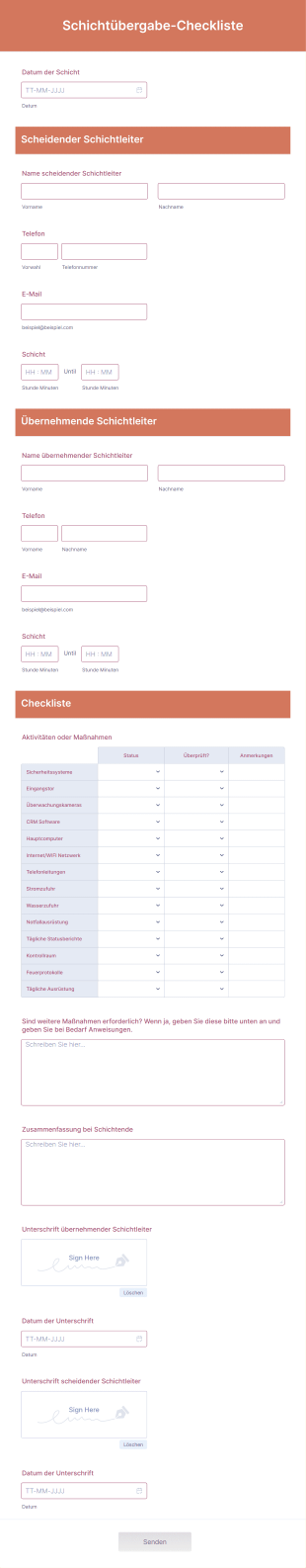Schichtübergabe Checkliste Form Template