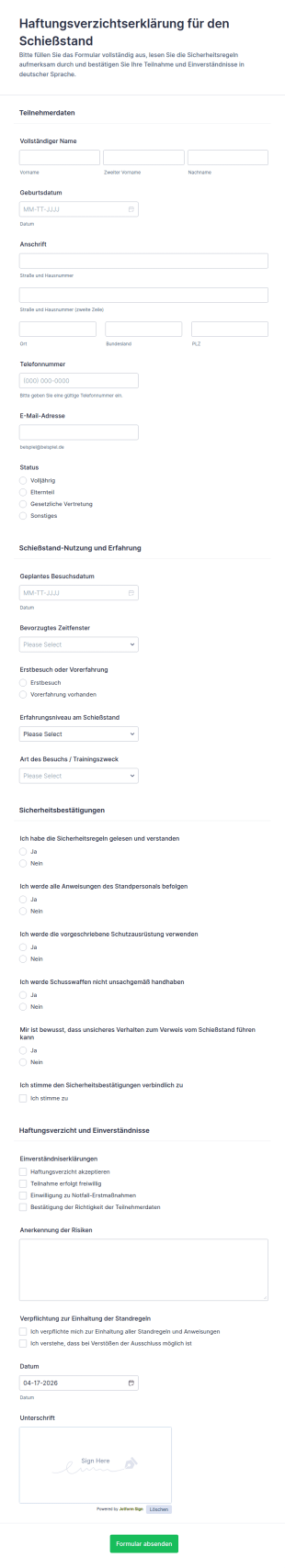 Schießstand Verzichtserklärung Formular
