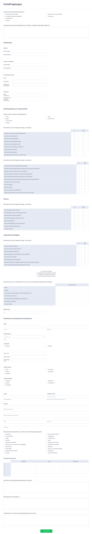 Schlaffragebogen Form Template