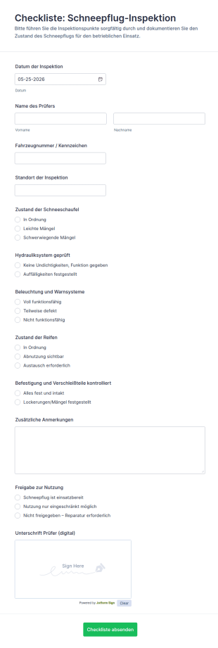 Schneepflug Inspektionscheckliste Formular
