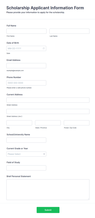 Scholarship Applicant Information Form Template