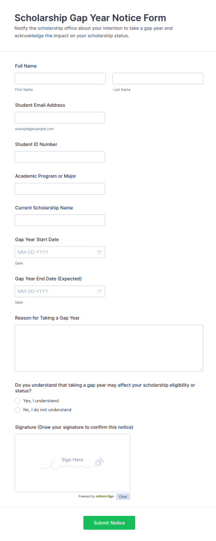 Scholarship Gap Year Notice Form Template