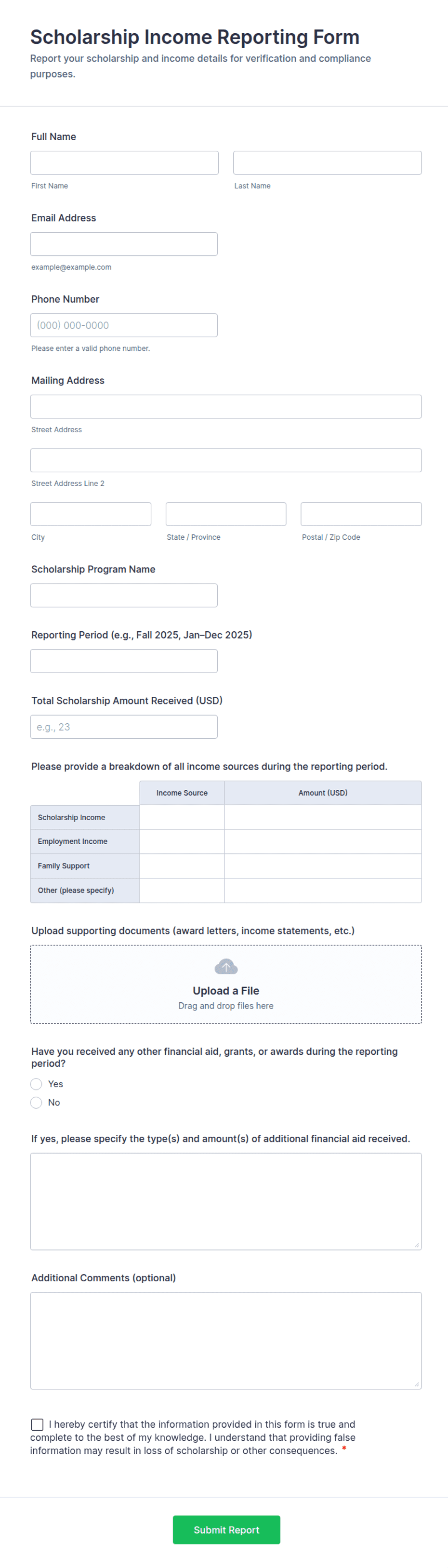 Program Income Reporting Forms Scholarship Income Reporting Form Template | Jotform