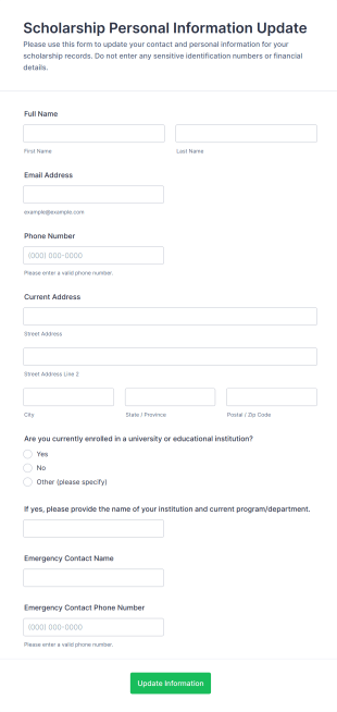 Scholarship Personal Information Update Form Template