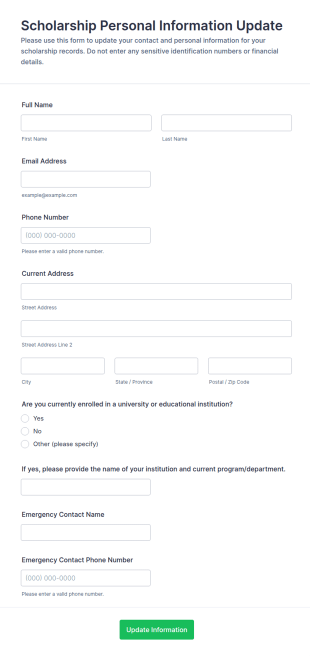 Scholarship Personal Information Update Form Template