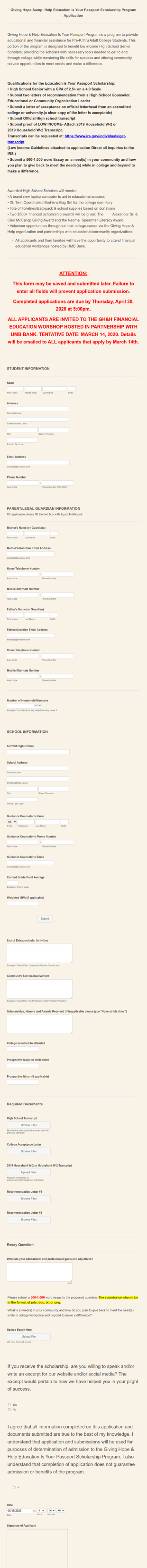 Scholarship Program Application Form Template
