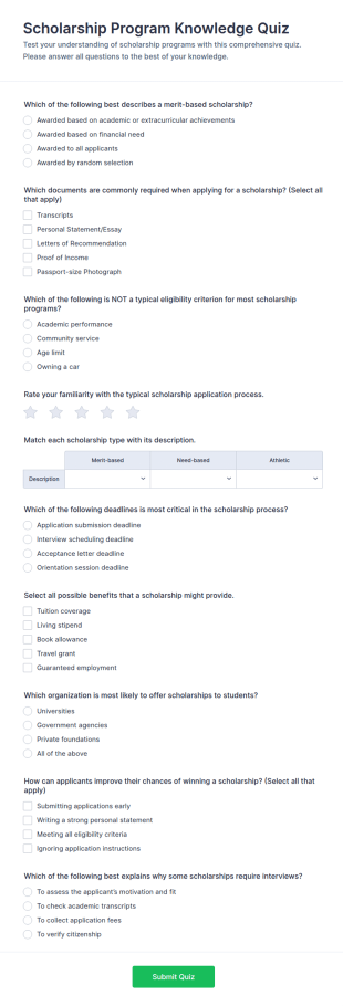 Scholarship Program Knowledge Quiz Form Template