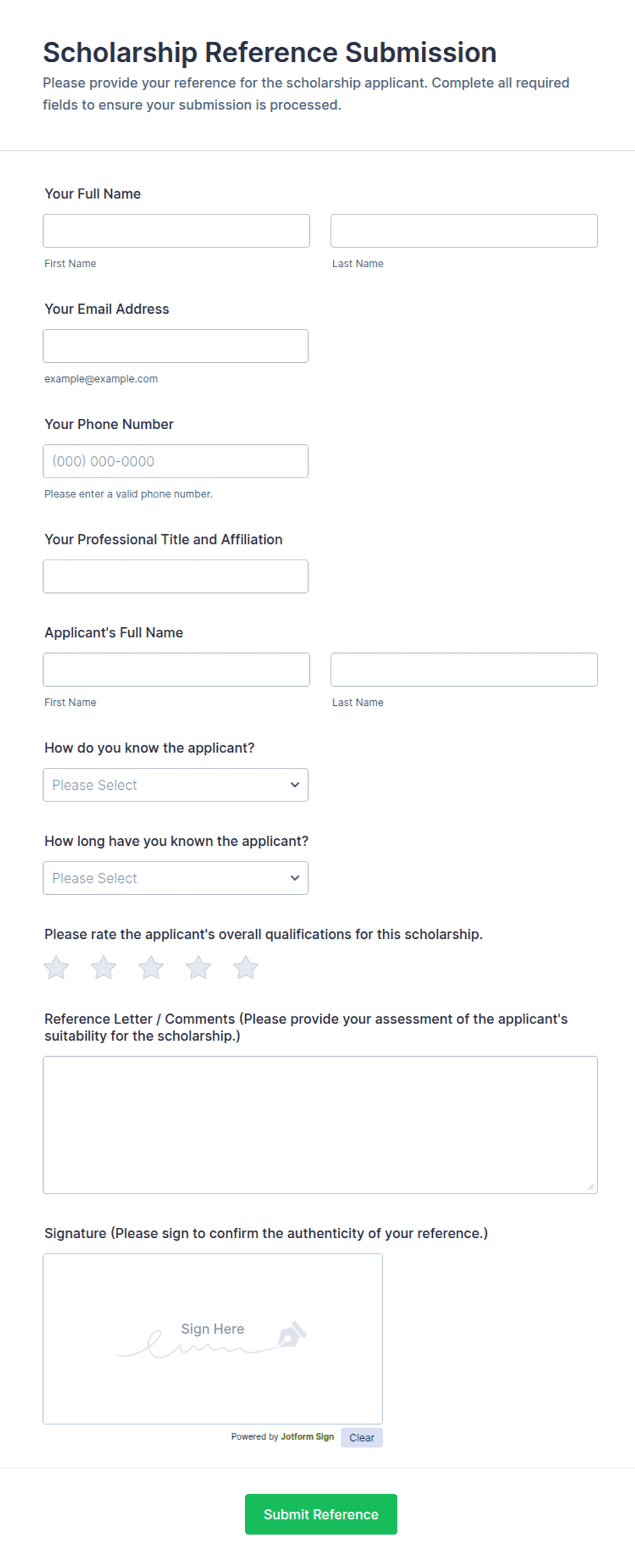 Reference Submit Form Scholarship Reference Submission Form Template | Jotform