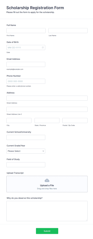 Scholarship Registration Form Template