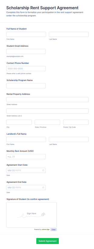 Scholarship Rent Support Agreement Form Template