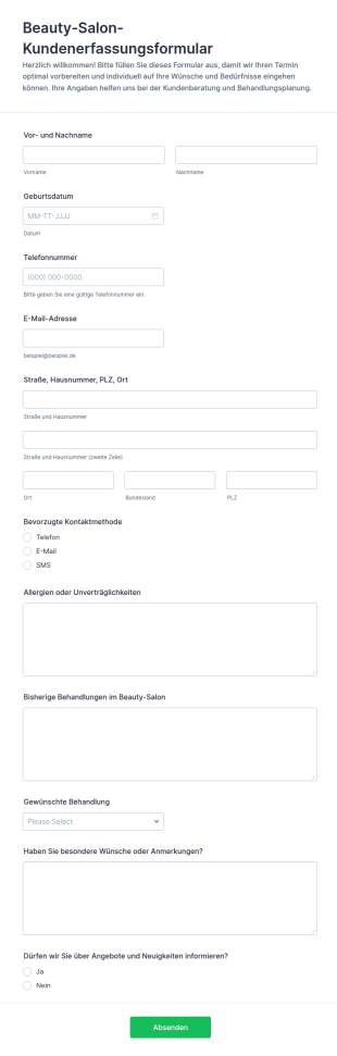 Schönheitssalon Kundenaufnahmeformular