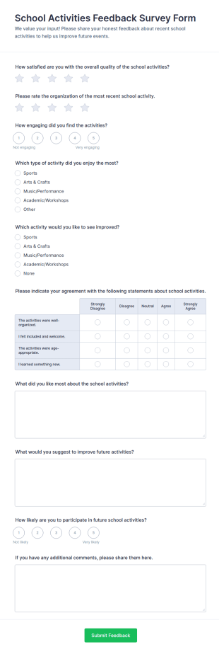 School Activities Feedback Survey Form Template