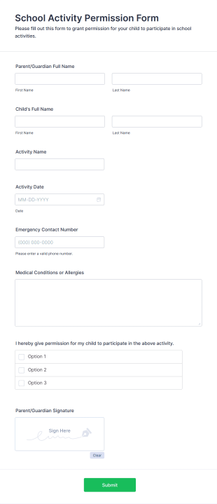 School Activity Permission Form Template