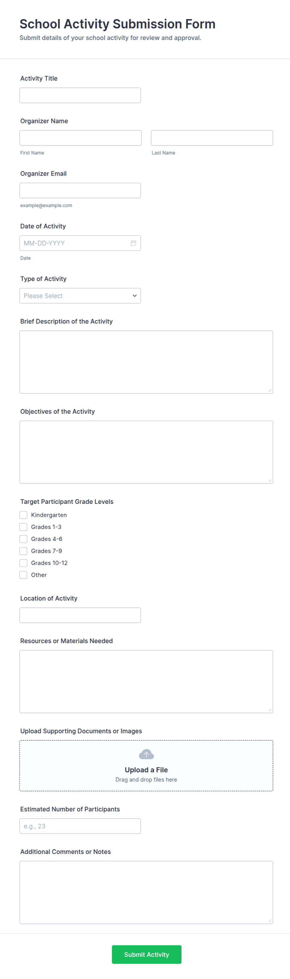 School Activity Submission Form Template | Jotform