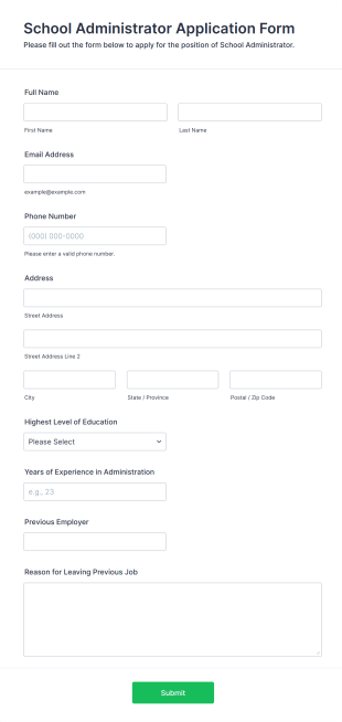 School Administrator Application Form Form Template