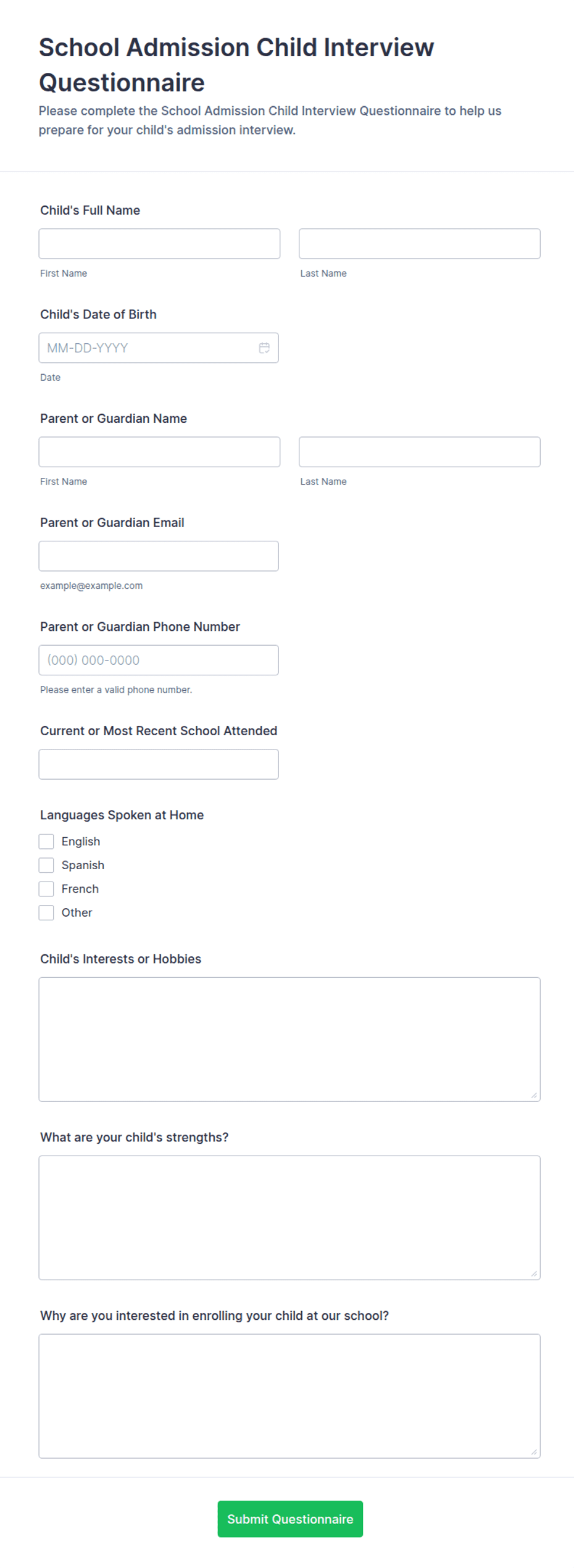 School Admission Child Interview Questionnaire Form Template | Jotform
