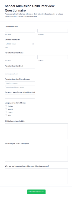School Admission Child Interview Questionnaire Form Template