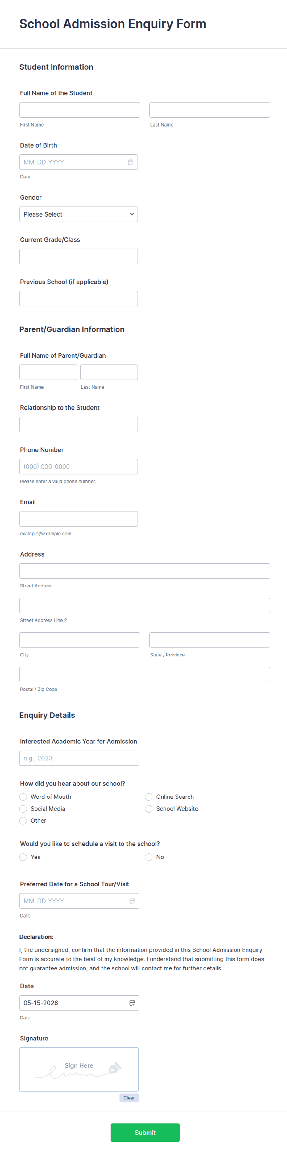 School Query Form School Admission Enquiry Form Template | Jotform