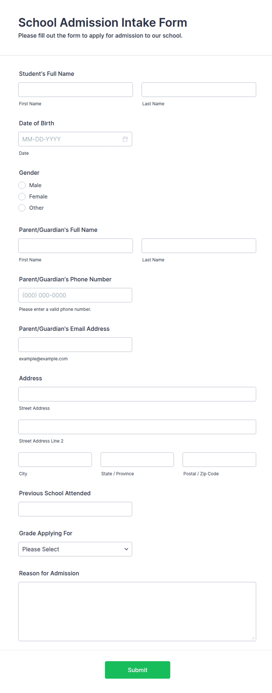 Ed Intake Template School Admission Intake Form Template | Jotform