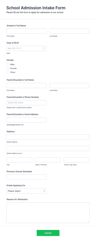 School Admission Intake Form Template