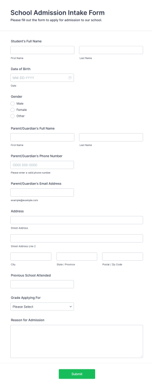 School Admission Intake Form Template