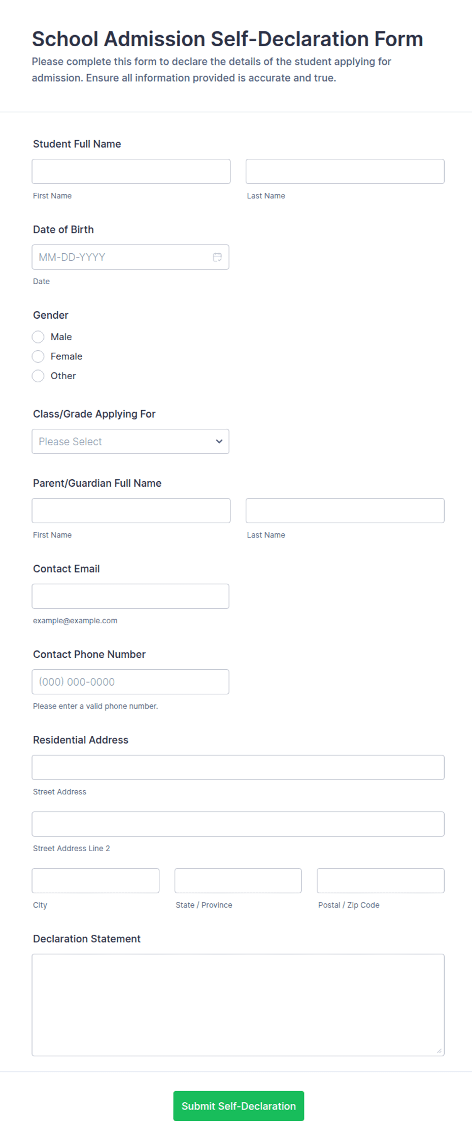 School Admission Self-Declaration Form Template | Jotform