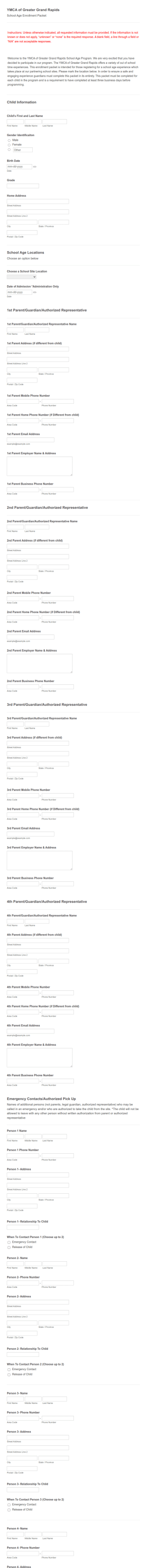 School Age Enrollment Packet Form Template