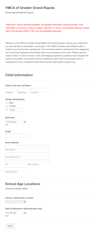School Age Enrollment Packet Form Template