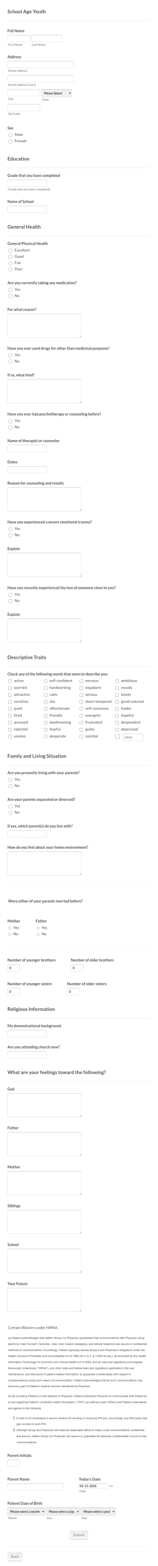 School Age Youth Counseling Form Template