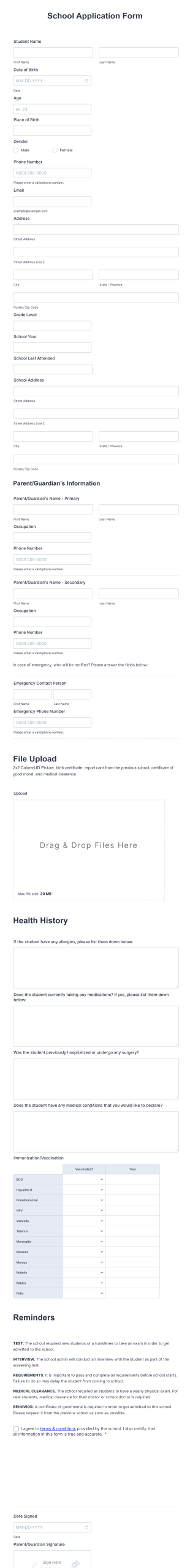 School Application Form Template