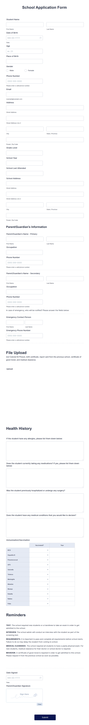 School Application Form Template