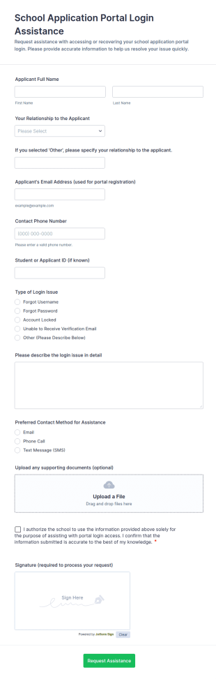 School Application Portal Login Assistance Form Template