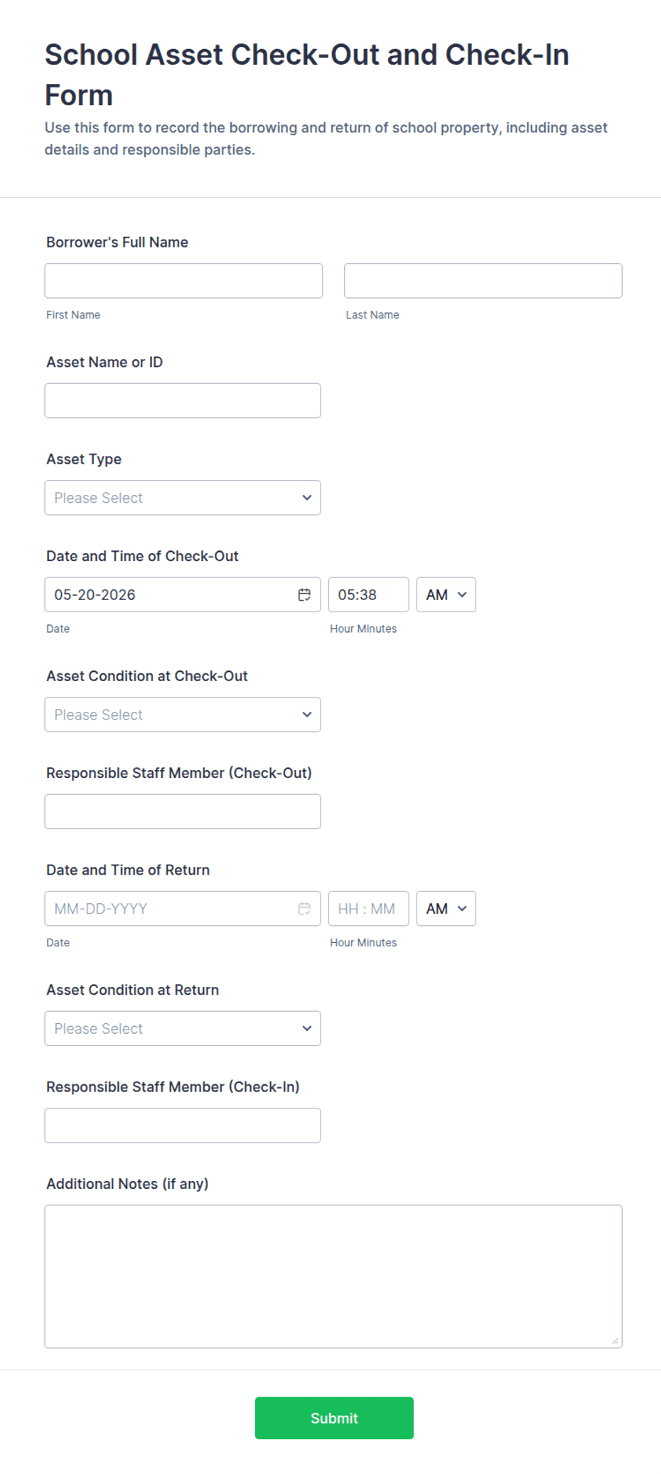 School Asset Check-Out and Check-In Form Template | Jotform