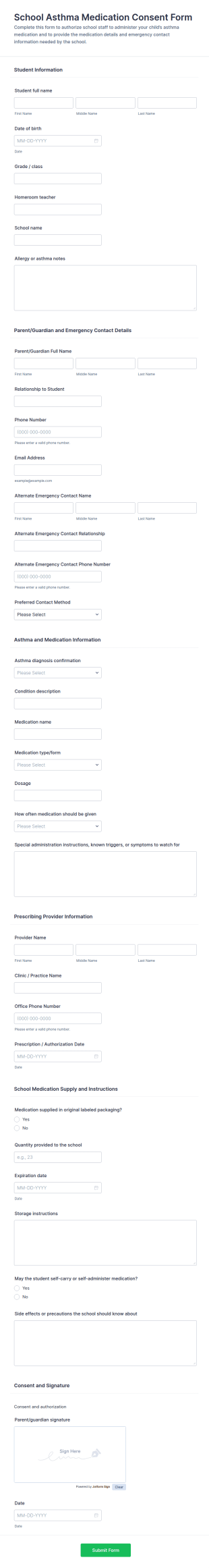 School Asthma Medication Consent Form Template