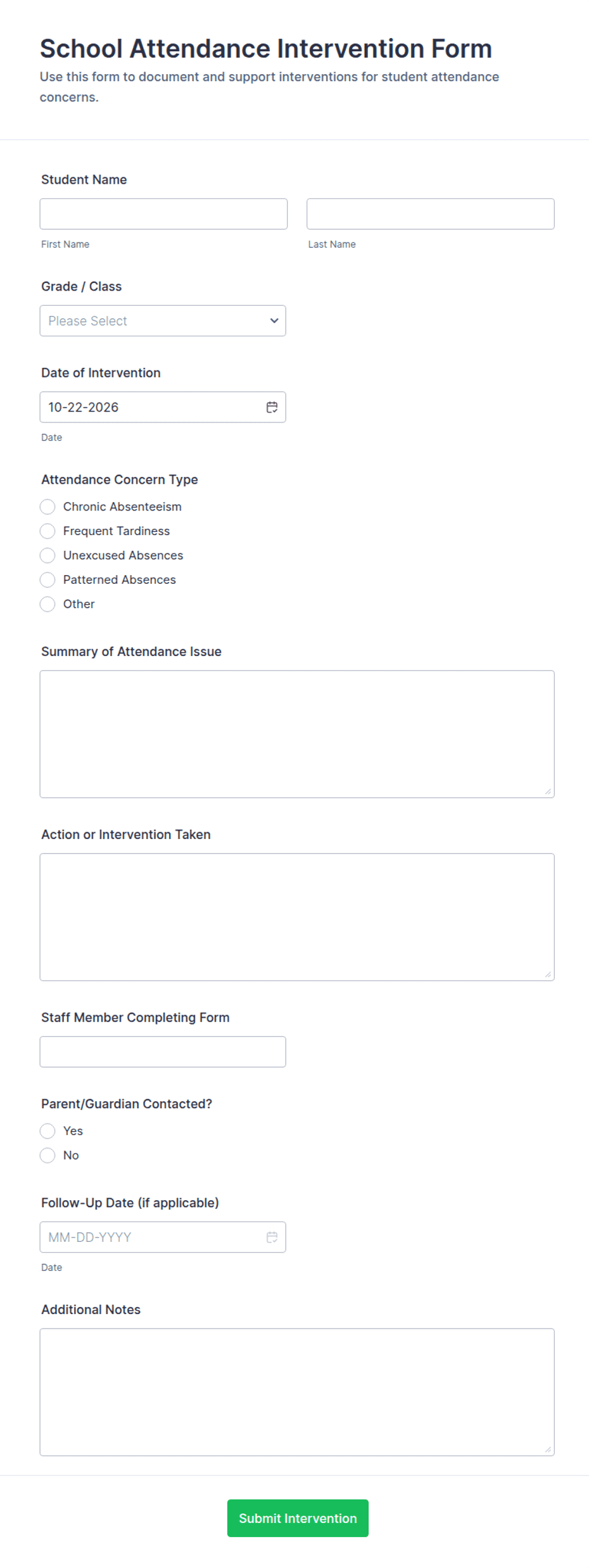 School Attendance Intervention Form Template | Jotform
