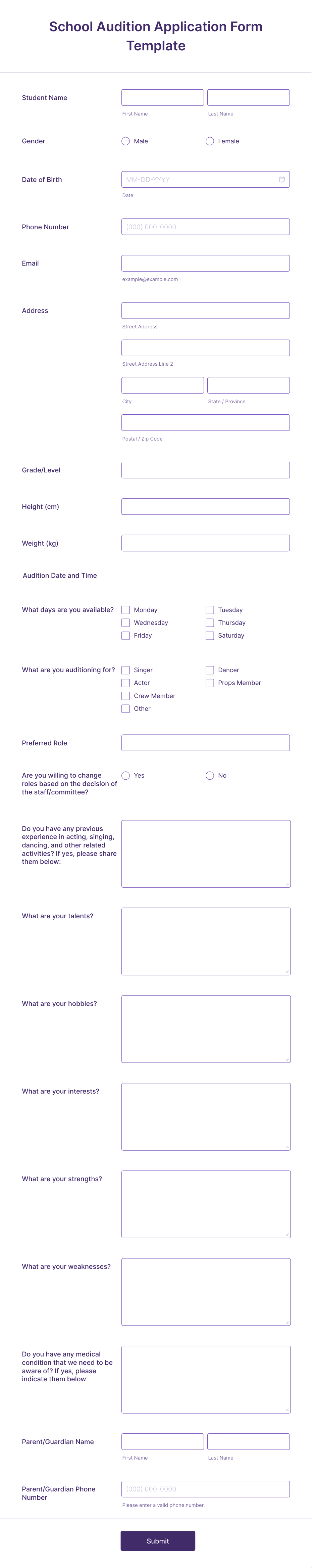 School Audition Application Form Template | Jotform