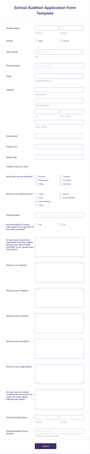 School Audition Application Form Template
