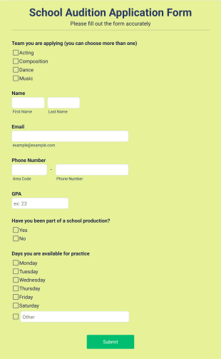 School Audition Application Form Template