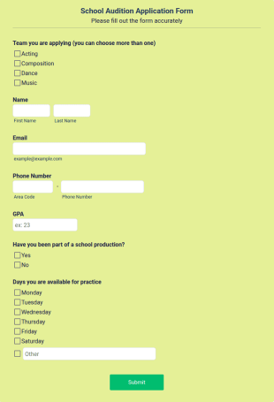 School Audition Application Form Template