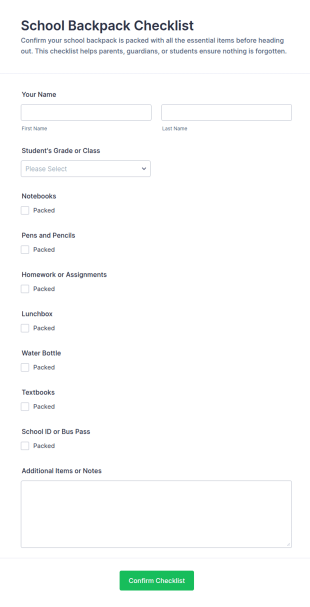 School Backpack Checklist Form Template