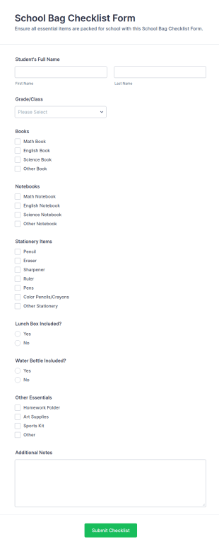 School Bag Checklist Form Template