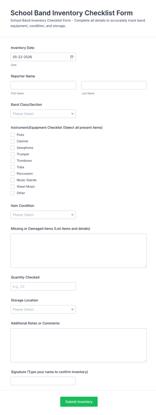 School Band Inventory Checklist Form Template