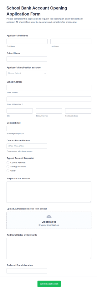 School Bank Account Opening Application Form Template