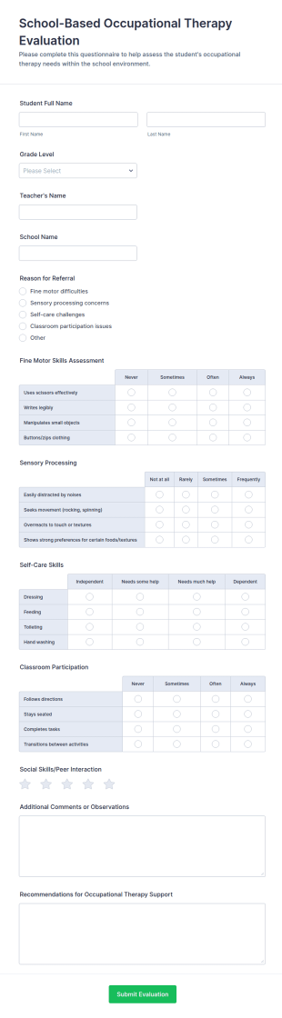 School Based Occupational Therapy Evaluation Form Template