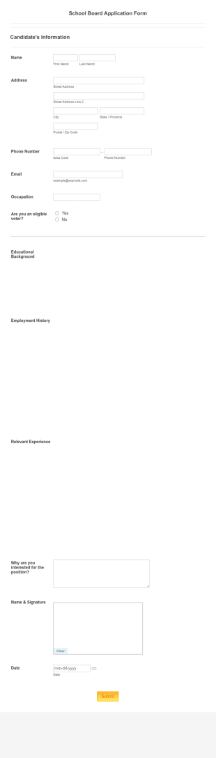 School Board Application Form Template