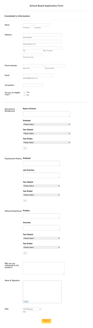 School Board Application Form Template