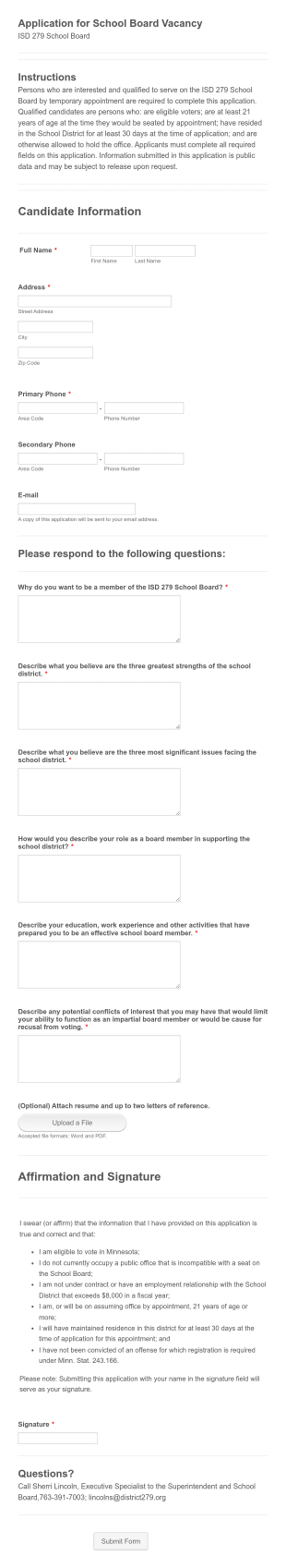 School Board Vacancy Application Form Template
